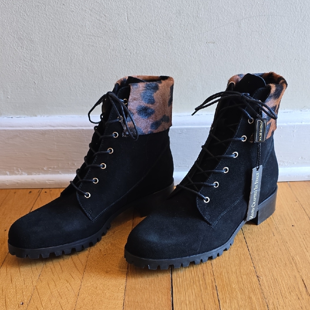 NWT, Grigiarancio, Black Suede Leopard Print Cuff Combat Boots,  Women's 7
